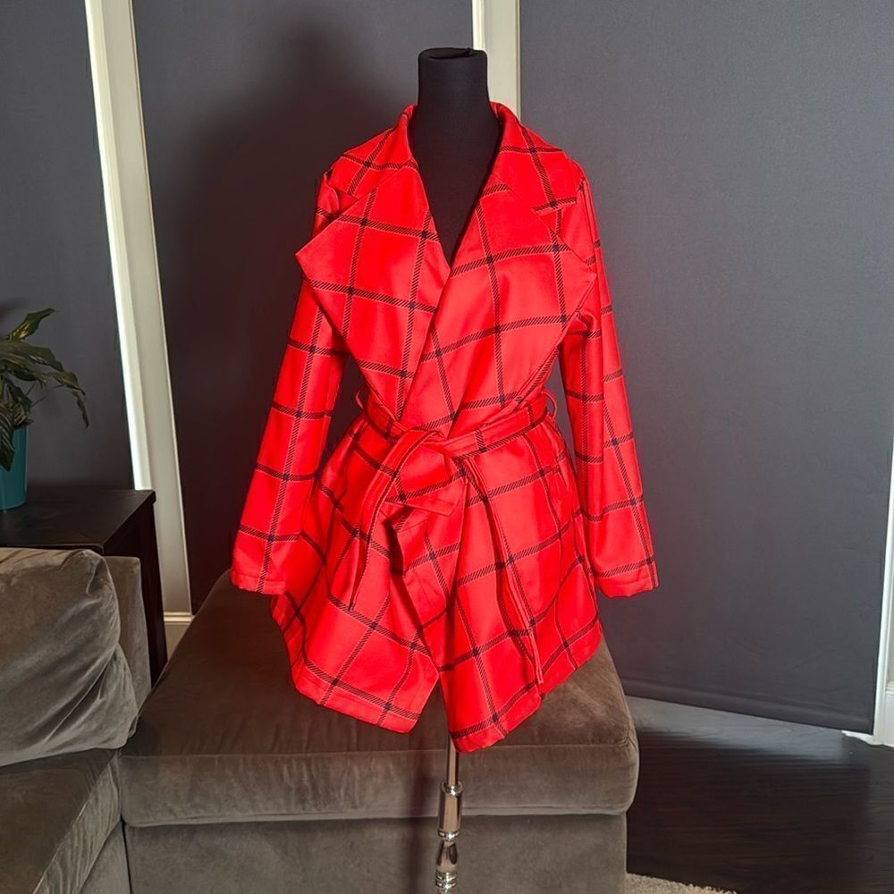 Women’s Red Turn Down Collar Wrap Trench Coat Grid Pattern Belted L (**tag XL)